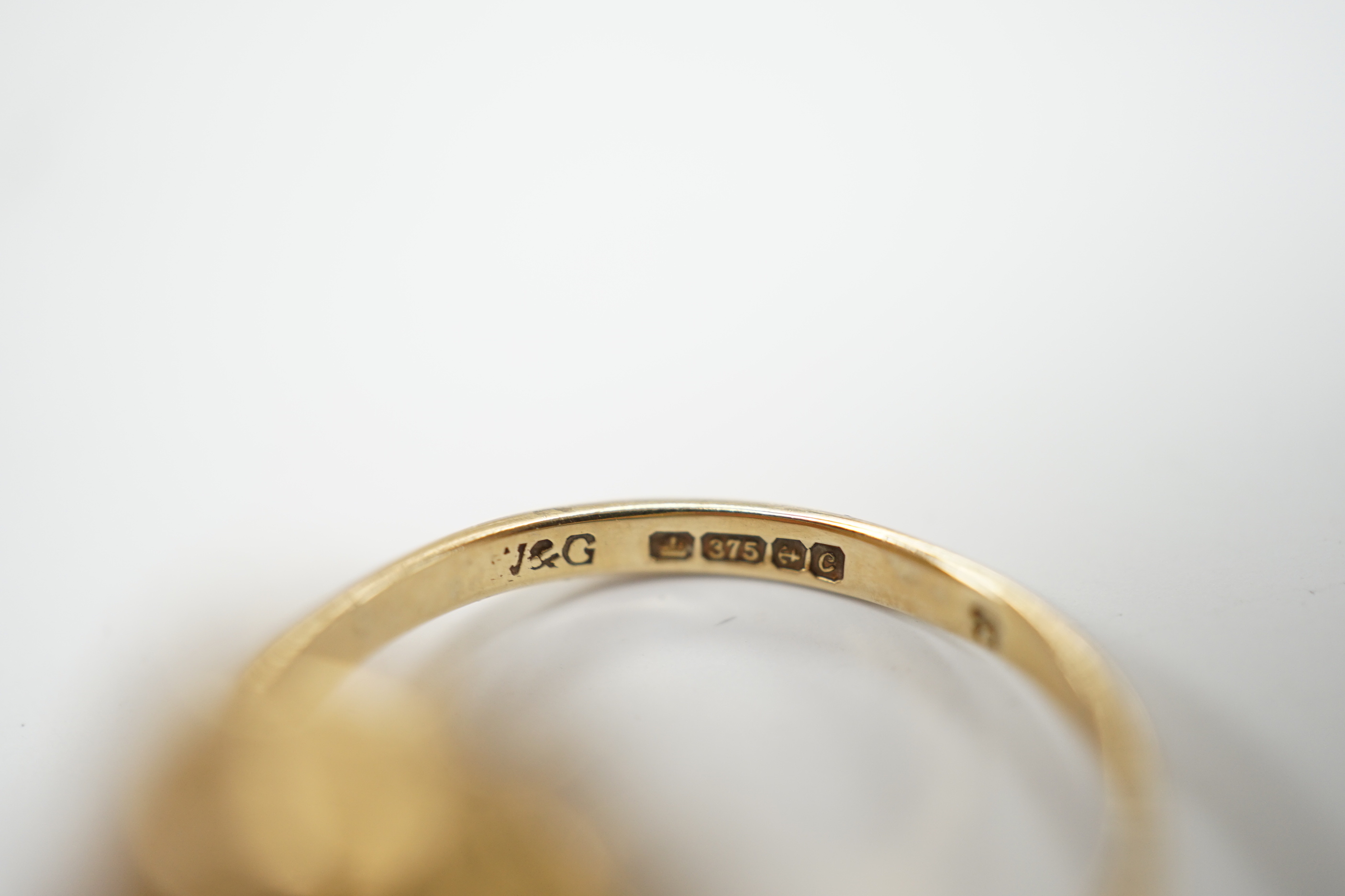 Two 9ct gold cameo rings, size N and Q, and a pearl and sapphire cluster ring, size N